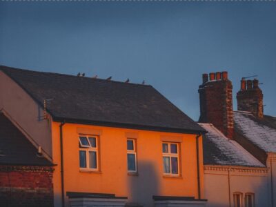 Houses with chimneys at sunset.