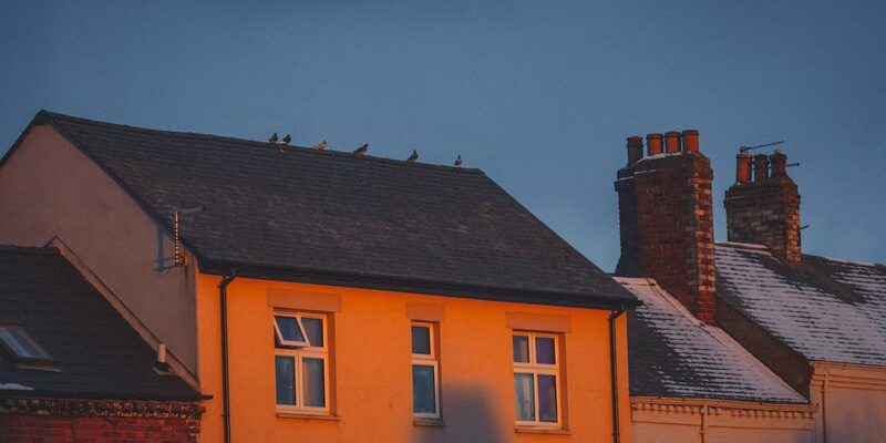 Houses with chimneys at sunset.